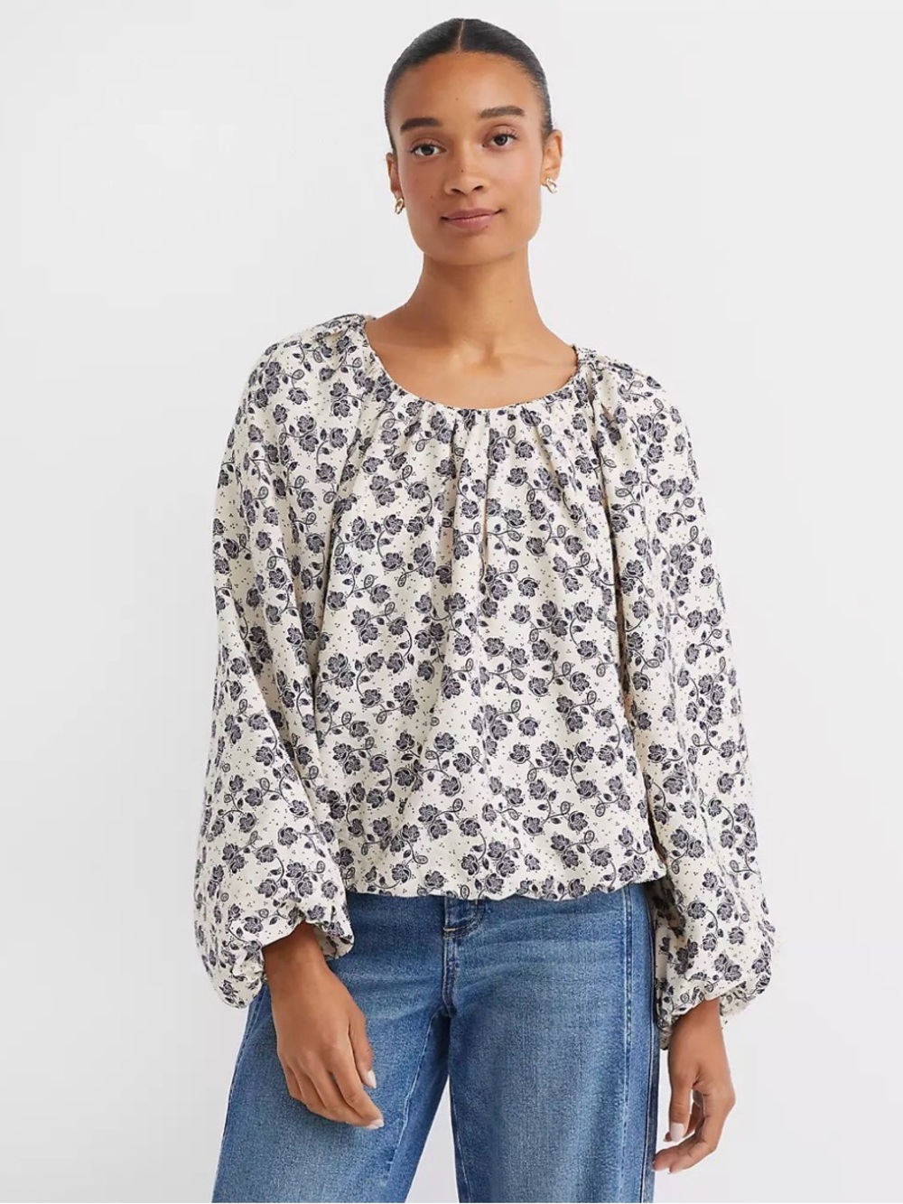 LOFT Cream Blouse with Navy Floral Print
